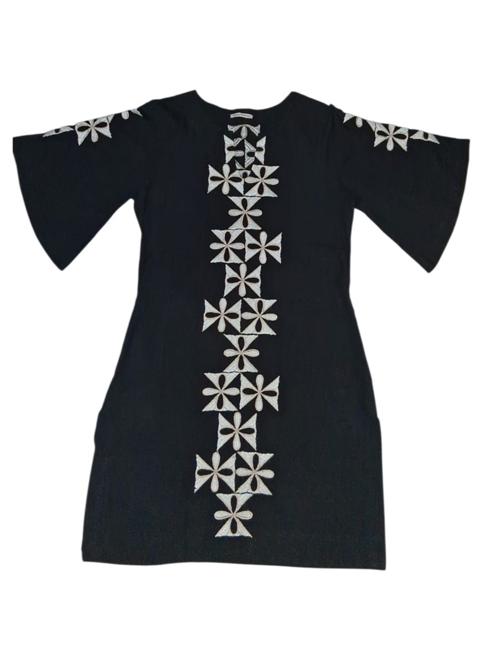 FRANCES VALENTINE Black Tunic Dress with White Geometric Embroidery - Picture 2 of 8